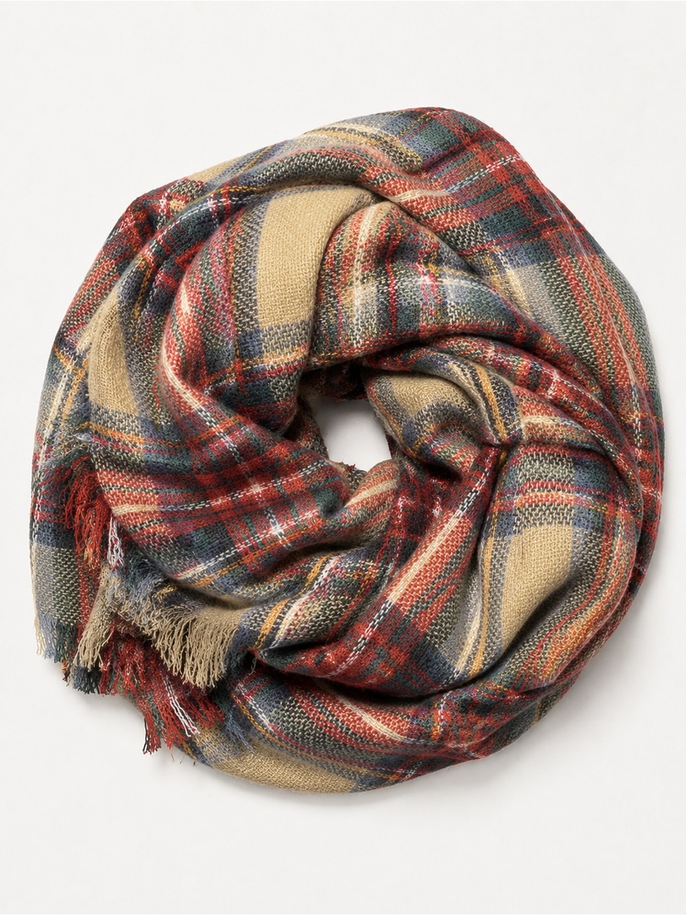 Womenโs Oversized Plaid Blanket Scarf โ Red Tan Gray Fringe Wrap